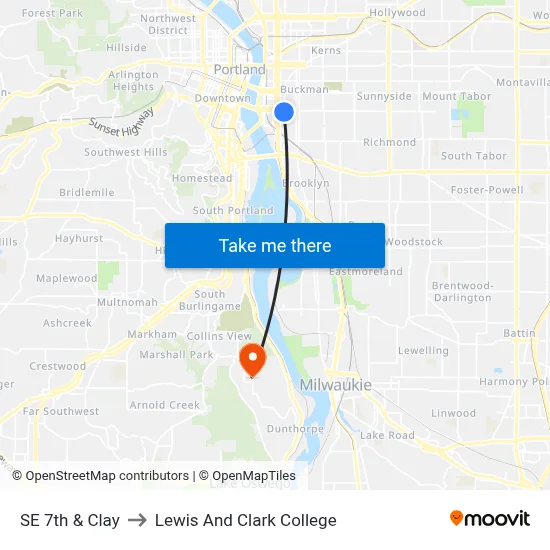 SE 7th & Clay to Lewis And Clark College map