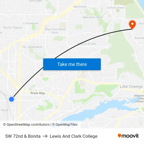 SW 72nd & Bonita to Lewis And Clark College map