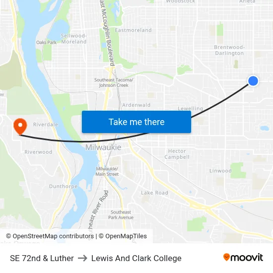SE 72nd & Luther to Lewis And Clark College map