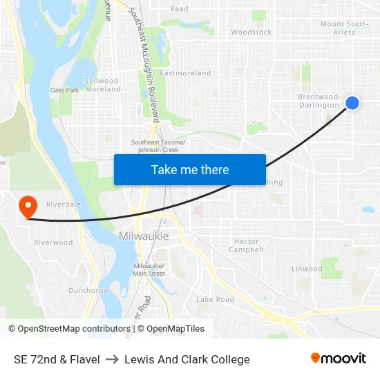 SE 72nd & Flavel to Lewis And Clark College map