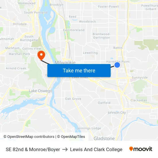 SE 82nd & Monroe/Boyer to Lewis And Clark College map