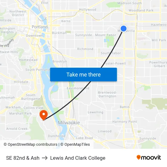 SE 82nd & Ash to Lewis And Clark College map