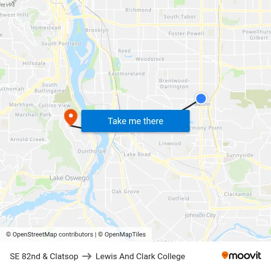 SE 82nd & Clatsop to Lewis And Clark College map