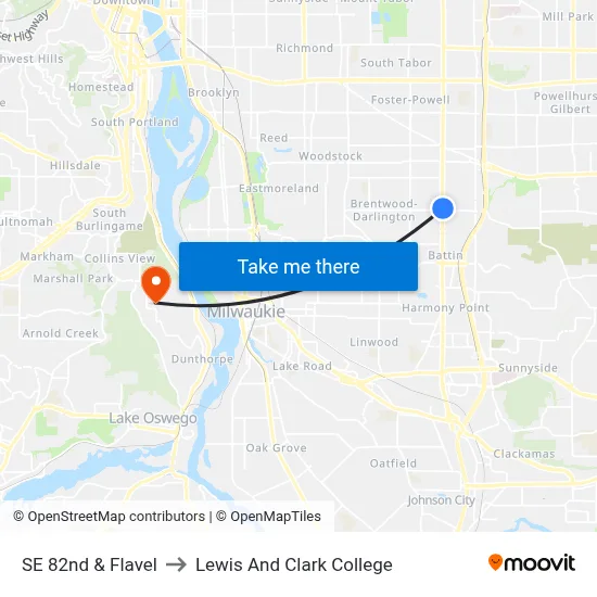 SE 82nd & Flavel to Lewis And Clark College map