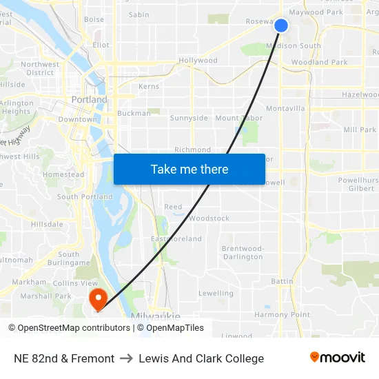 NE 82nd & Fremont to Lewis And Clark College map