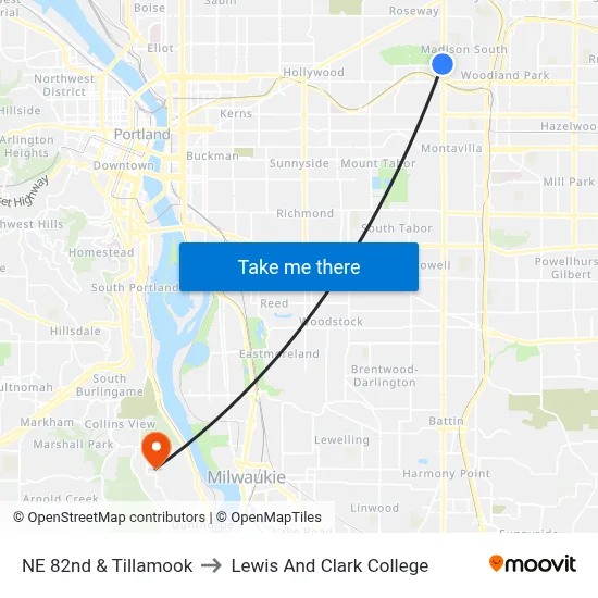 NE 82nd & Tillamook to Lewis And Clark College map