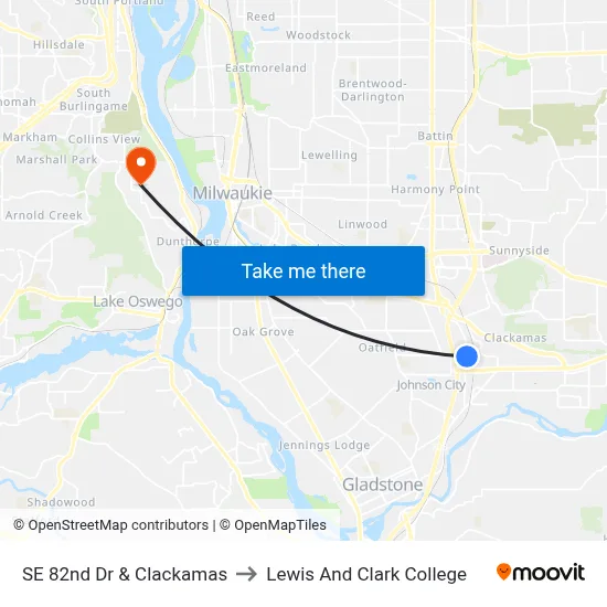 SE 82nd Dr & Clackamas to Lewis And Clark College map