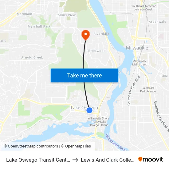 Lake Oswego Transit Center to Lewis And Clark College map