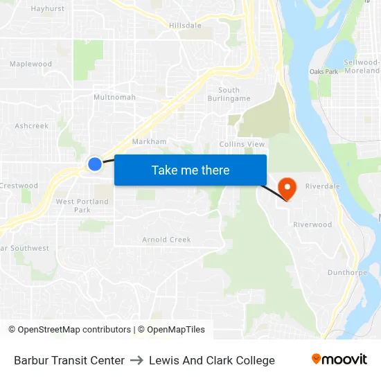 Barbur Transit Center to Lewis And Clark College map
