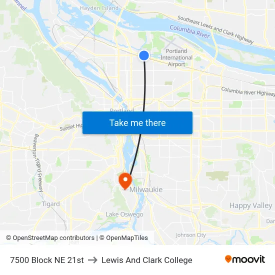 7500 Block NE 21st to Lewis And Clark College map