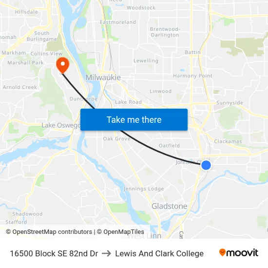 16500 Block SE 82nd Dr to Lewis And Clark College map