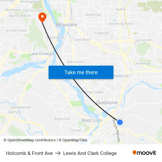 Holcomb & Front Ave to Lewis And Clark College map