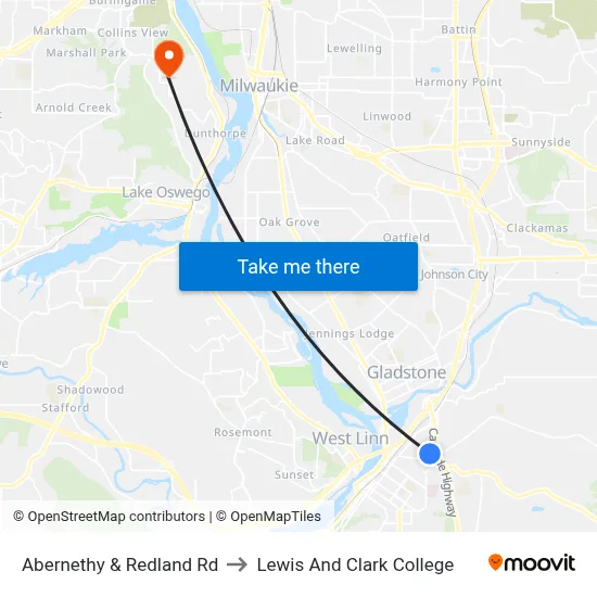 Abernethy & Redland Rd to Lewis And Clark College map