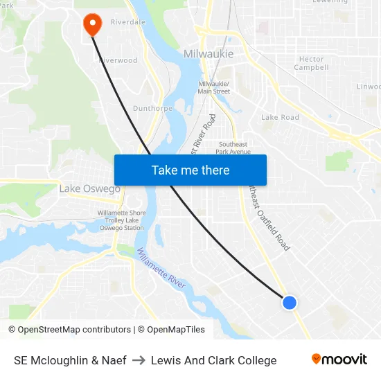 SE Mcloughlin & Naef to Lewis And Clark College map