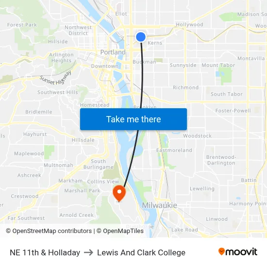NE 11th & Holladay to Lewis And Clark College map