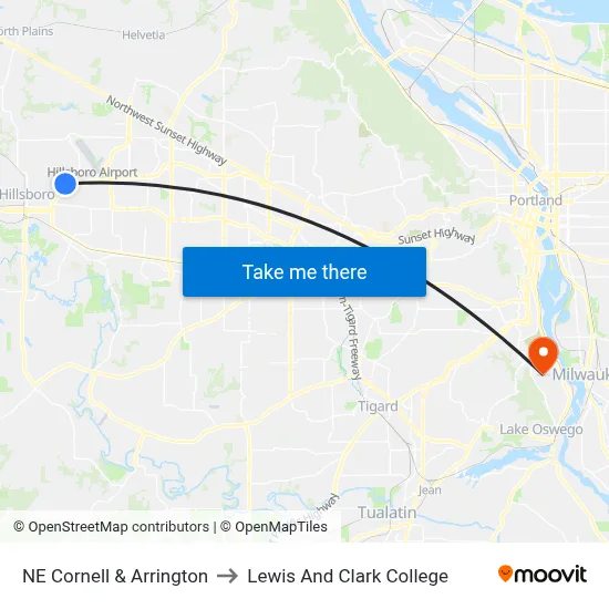 NE Cornell & Arrington to Lewis And Clark College map