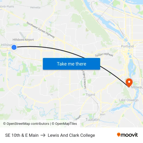 SE 10th & E Main to Lewis And Clark College map