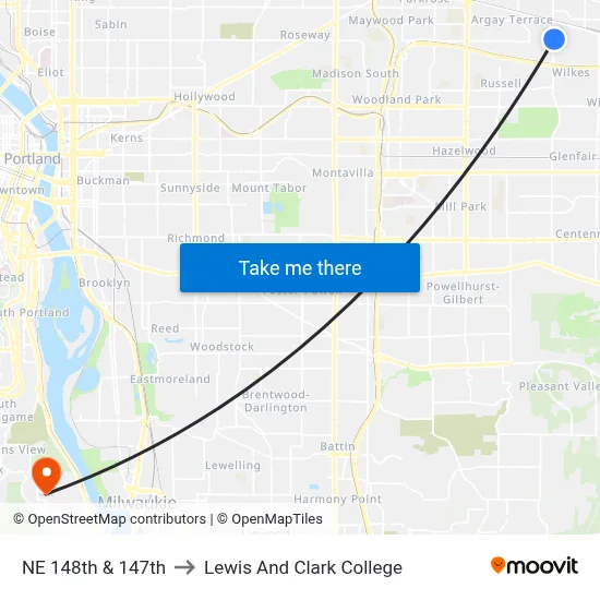 NE 148th & 147th to Lewis And Clark College map