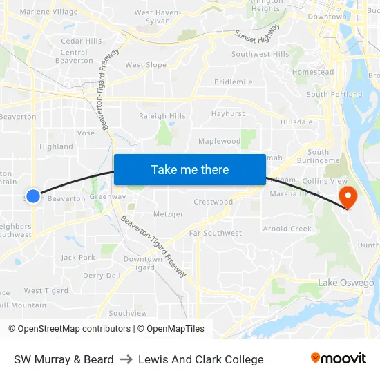 SW Murray & Beard to Lewis And Clark College map