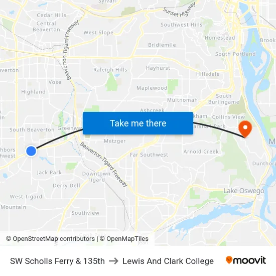 SW Scholls Ferry & 135th to Lewis And Clark College map