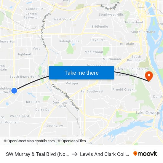 SW Murray & Teal Blvd (North) to Lewis And Clark College map