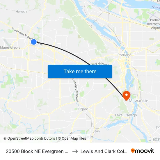 20500 Block NE Evergreen Pkwy to Lewis And Clark College map