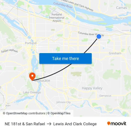 NE 181st & San Rafael to Lewis And Clark College map