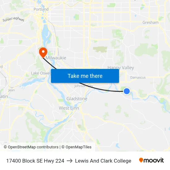 17400 Block SE Hwy 224 to Lewis And Clark College map