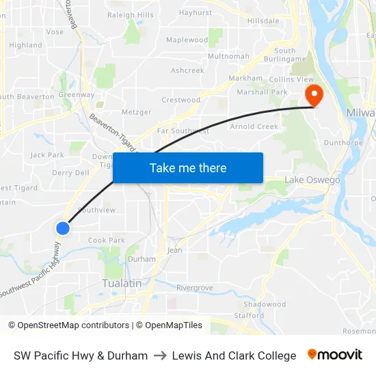 SW Pacific Hwy & Durham to Lewis And Clark College map