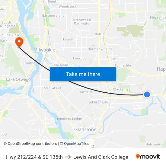 Hwy 212/224 & SE 135th to Lewis And Clark College map