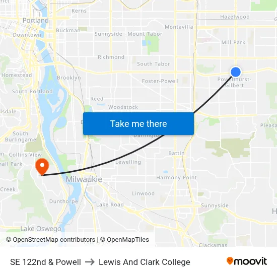 SE 122nd & Powell to Lewis And Clark College map