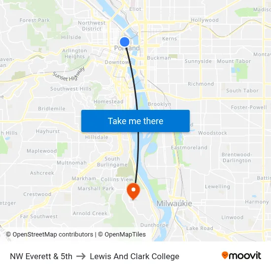 NW Everett & 5th to Lewis And Clark College map