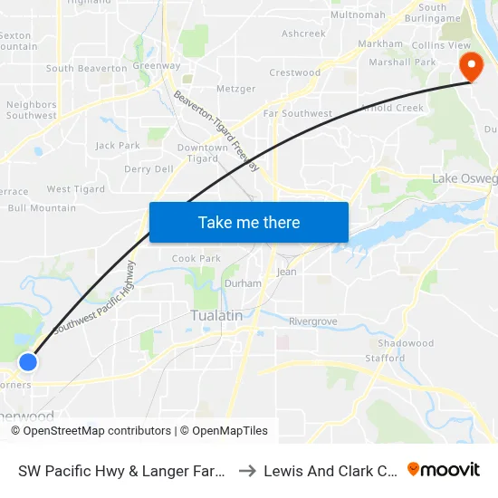 SW Pacific Hwy & Langer Farms Pkwy to Lewis And Clark College map