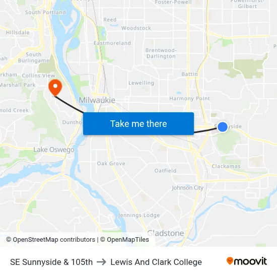 SE Sunnyside & 105th to Lewis And Clark College map