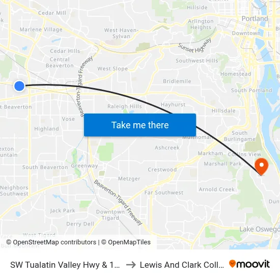 SW Tualatin Valley Hwy & 153rd to Lewis And Clark College map