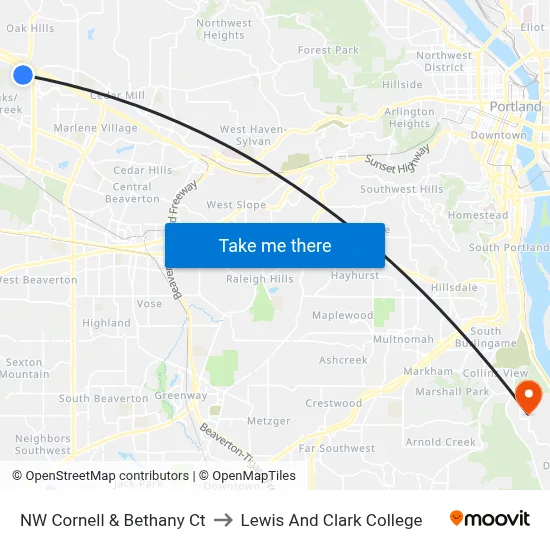 NW Cornell & Bethany Ct to Lewis And Clark College map