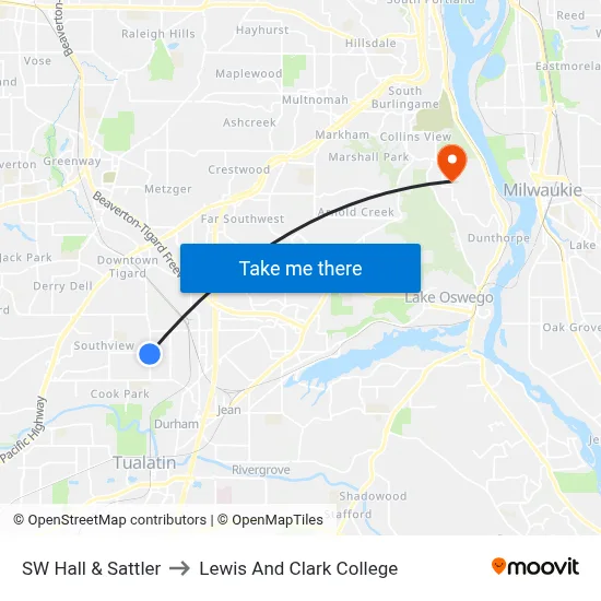 SW Hall & Sattler to Lewis And Clark College map