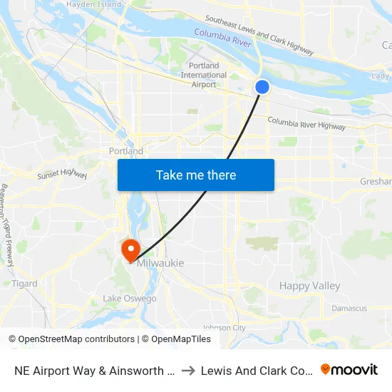 NE Airport Way & Ainsworth Circle to Lewis And Clark College map