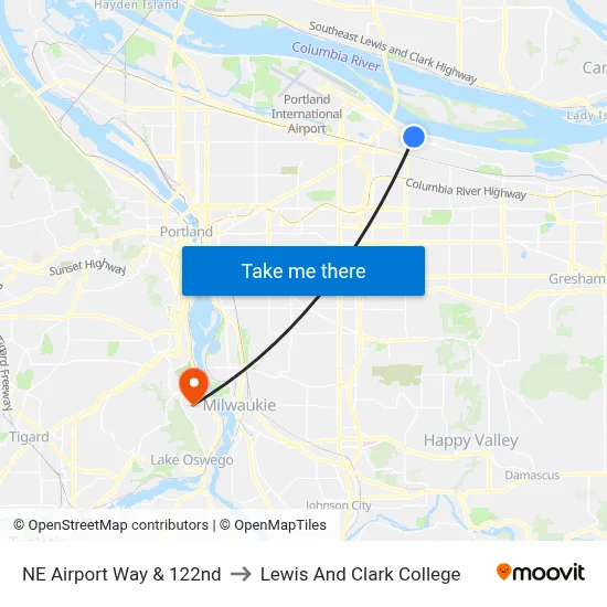 NE Airport Way & 122nd to Lewis And Clark College map
