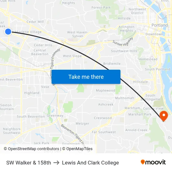 SW Walker & 158th to Lewis And Clark College map