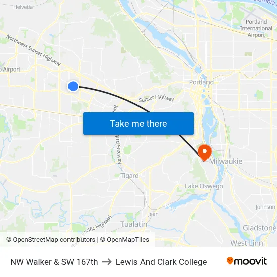 NW Walker & SW 167th to Lewis And Clark College map