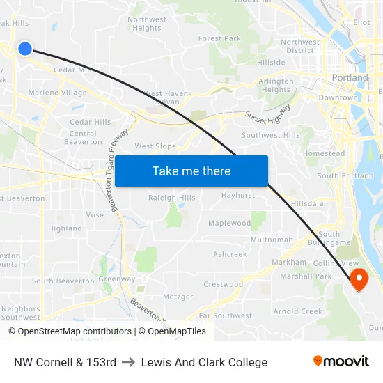 NW Cornell & 153rd to Lewis And Clark College map