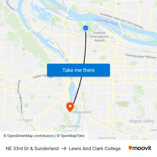 NE 33rd Dr & Sunderland to Lewis And Clark College map