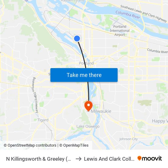 N Killingsworth & Greeley (East) to Lewis And Clark College map