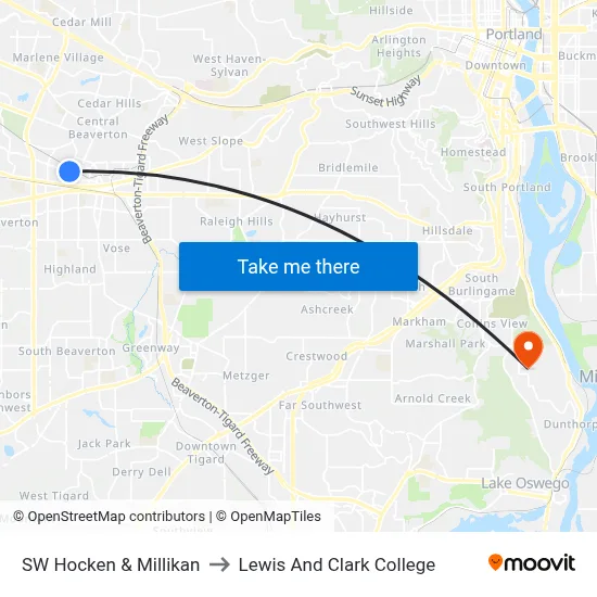 SW Hocken & Millikan to Lewis And Clark College map