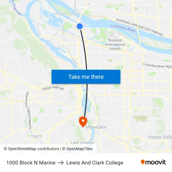 1000 Block N Marine to Lewis And Clark College map