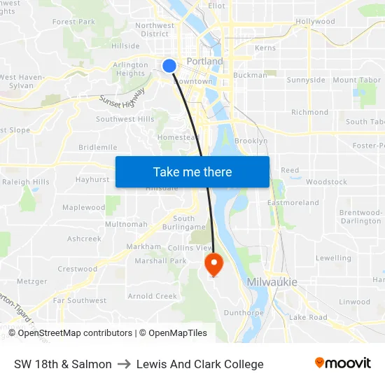 SW 18th & Salmon to Lewis And Clark College map