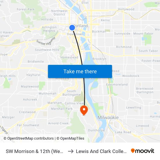 SW Morrison & 12th (West) to Lewis And Clark College map