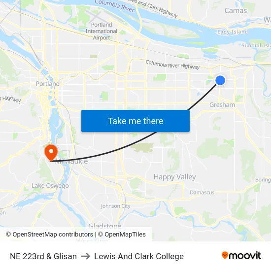 NE 223rd & Glisan to Lewis And Clark College map