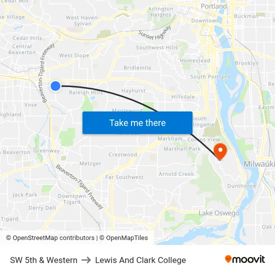 SW 5th & Western to Lewis And Clark College map